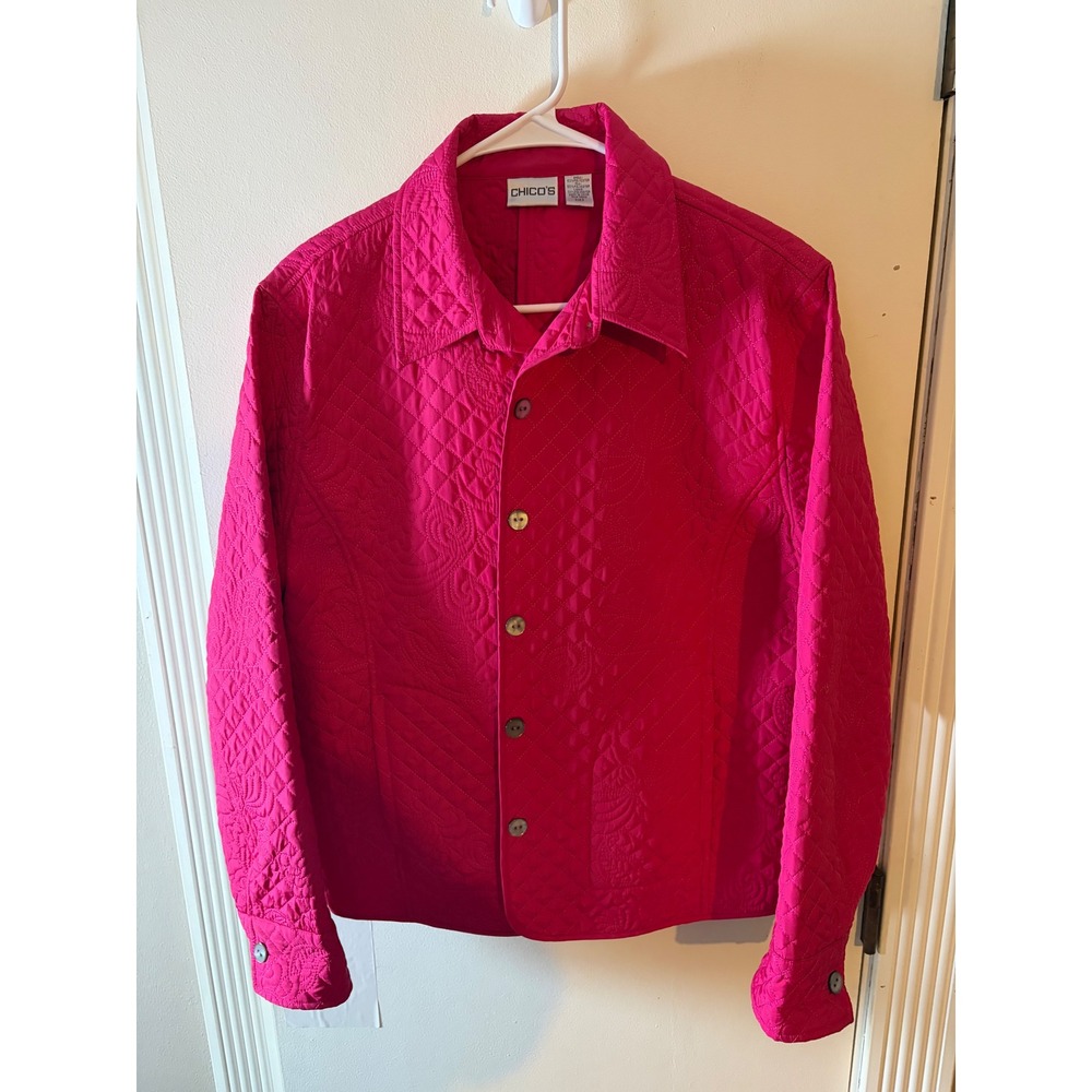Chicos Hot Pink Quilted Paisley Embroidered Button Front Jacket Womens Size 2 L